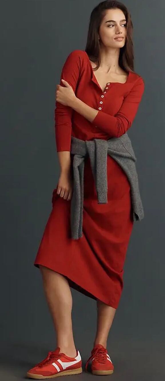 L*SPACE Red Cotton Henley Maxi Dress Long Sleeve Casual Resort Size M Travel